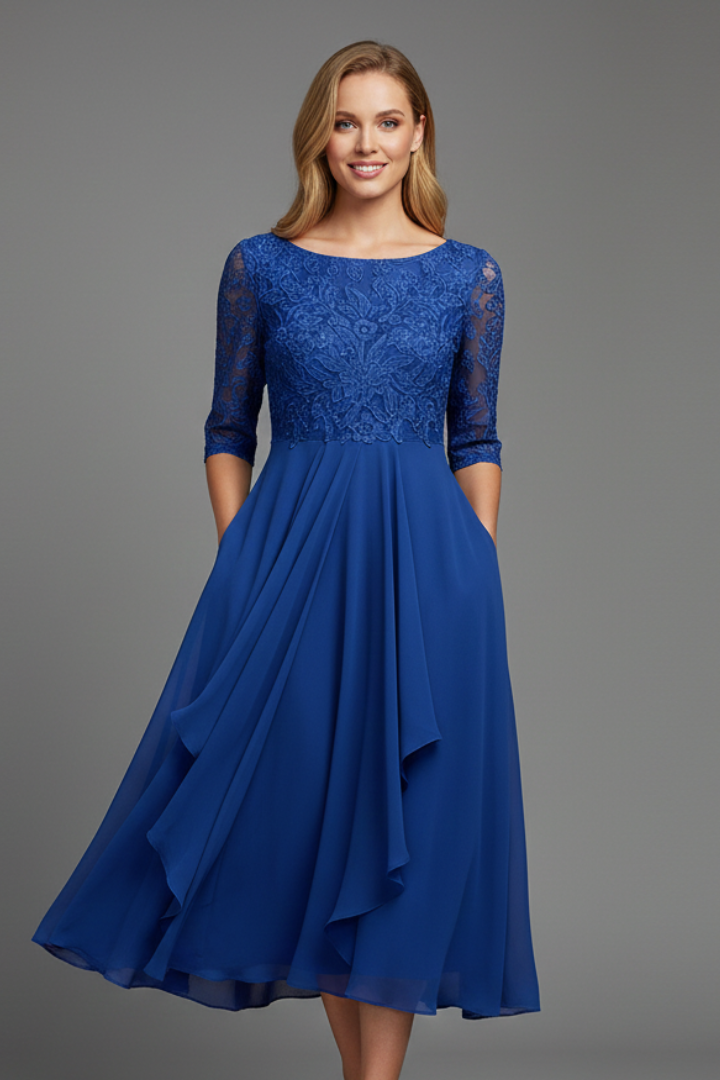 Evelia | Women’s Fit & Flare Dress – Elegant Round Neck Short Sleeve Midi Dress