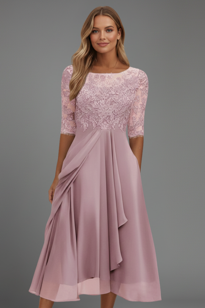 Evelia | Women’s Fit & Flare Dress – Elegant Round Neck Short Sleeve Midi Dress