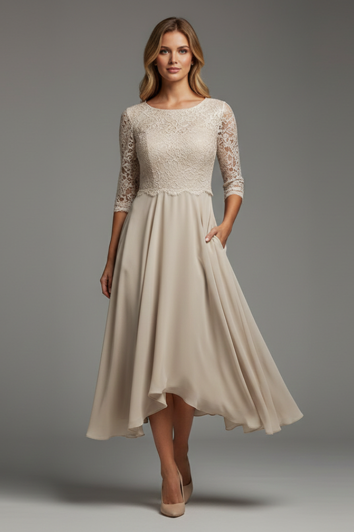 Evelia | Women’s Fit & Flare Dress – Elegant Round Neck Short Sleeve Midi Dress