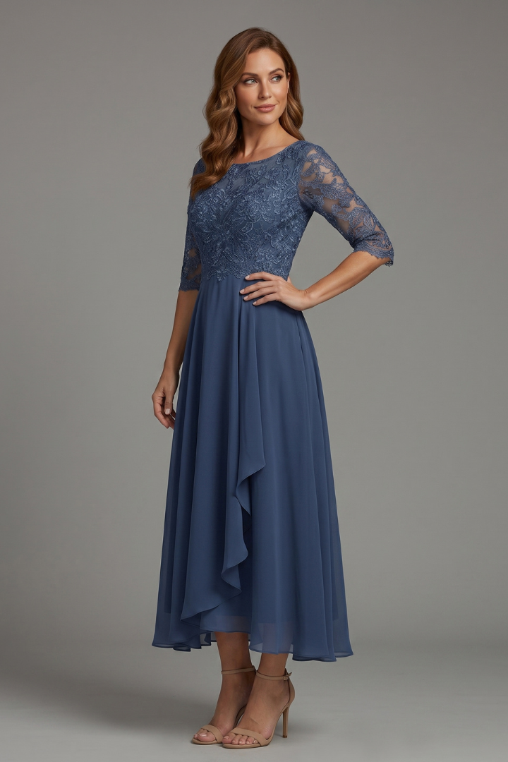 Evelia | Women’s Fit & Flare Dress – Elegant Round Neck Short Sleeve Midi Dress
