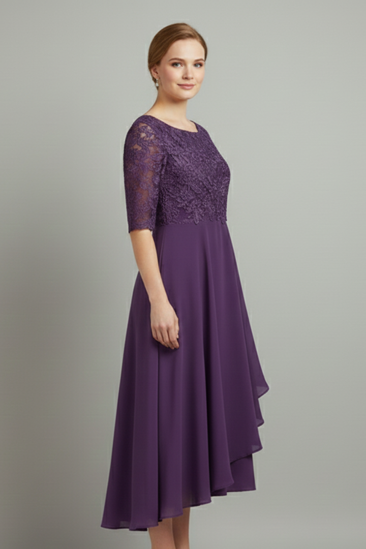 Evelia | Women’s Fit & Flare Dress – Elegant Round Neck Short Sleeve Midi Dress