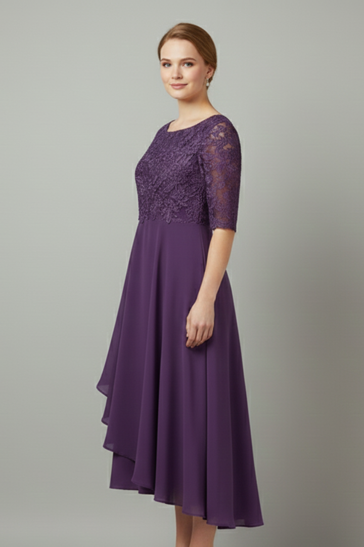 Evelia | Women’s Fit & Flare Dress – Elegant Round Neck Short Sleeve Midi Dress