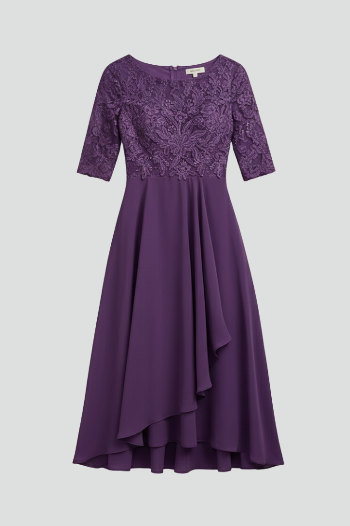 Evelia | Women’s Fit & Flare Dress – Elegant Round Neck Short Sleeve Midi Dress