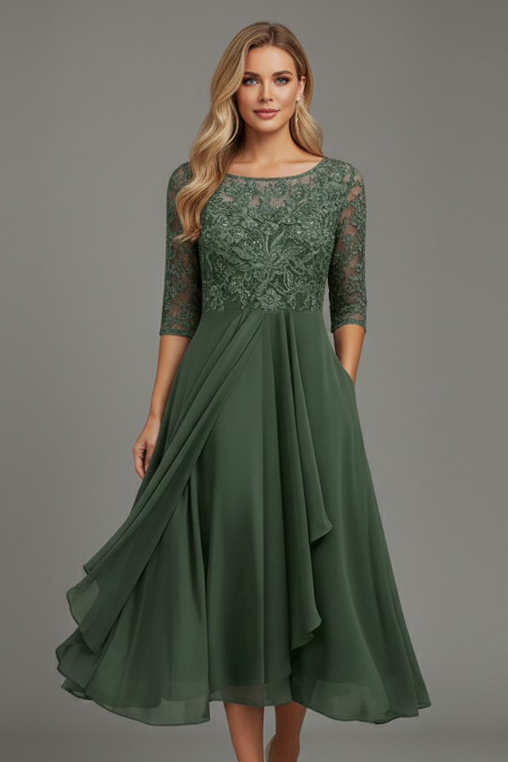 Evelia | Women’s Fit & Flare Dress – Elegant Round Neck Short Sleeve Midi Dress