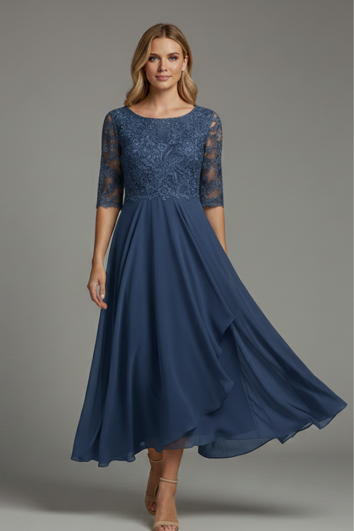 Evelia | Women’s Fit & Flare Dress – Elegant Round Neck Short Sleeve Midi Dress