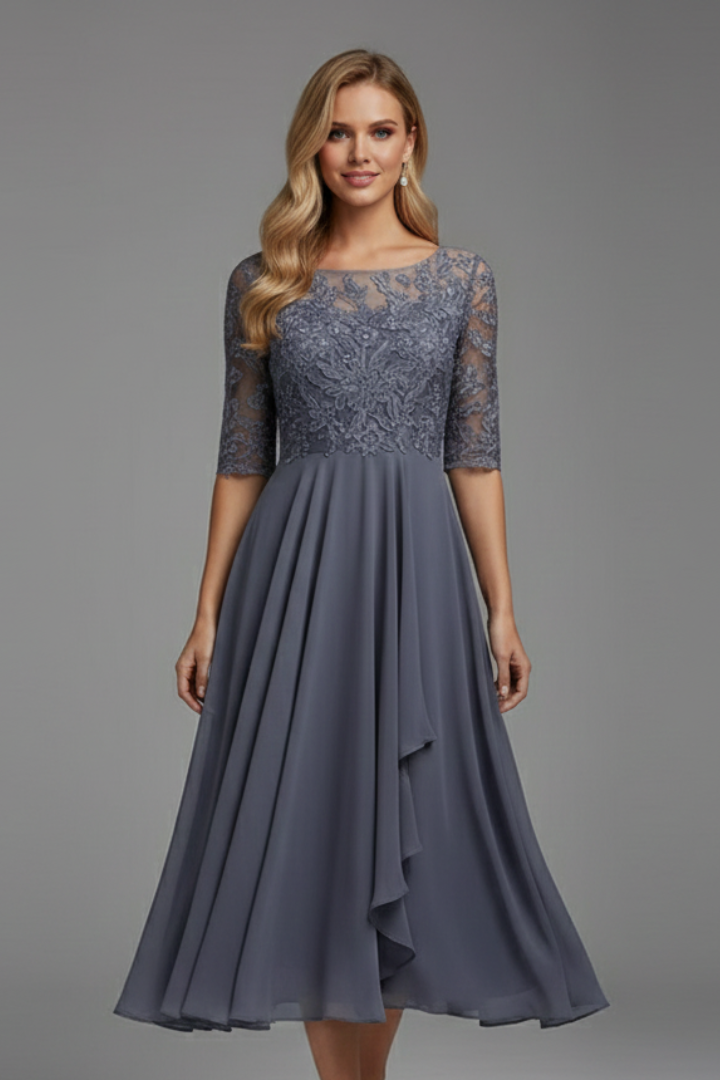 Evelia | Women’s Fit & Flare Dress – Elegant Round Neck Short Sleeve Midi Dress