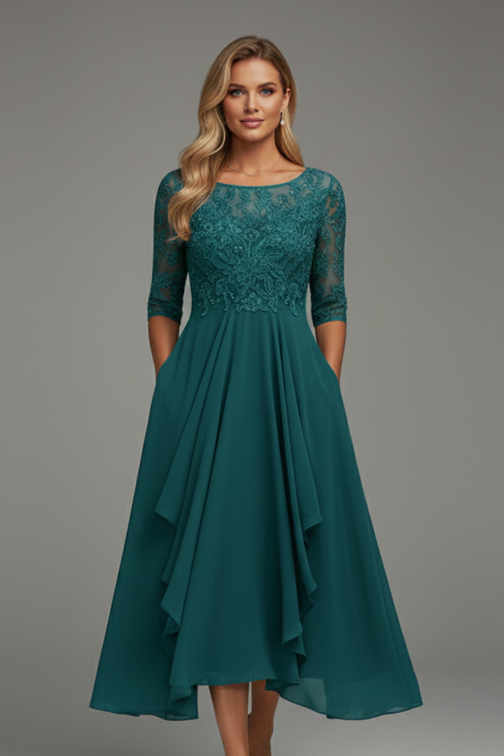 Evelia | Women’s Fit & Flare Dress – Elegant Round Neck Short Sleeve Midi Dress