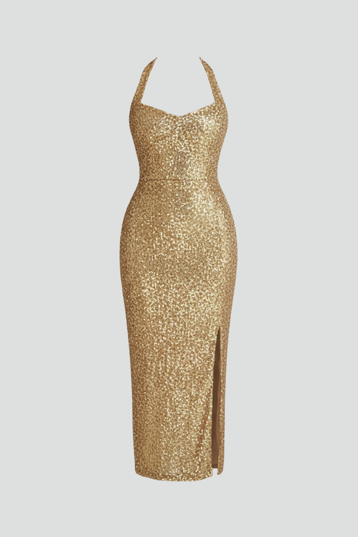 Evelina | Women's Elegant Halter Dress – High Slit Maxi Evening Dress