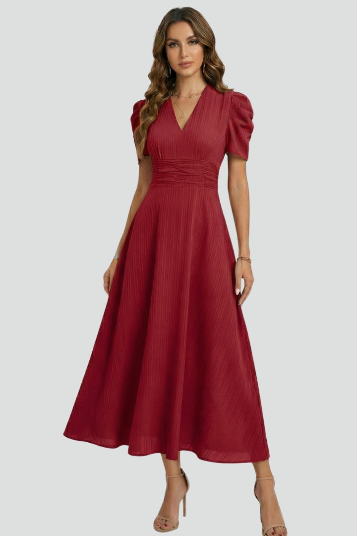 Evelisse | Women’s Elegant Midi Dress – Short Sleeve Ruched Waist Flowy Dress
