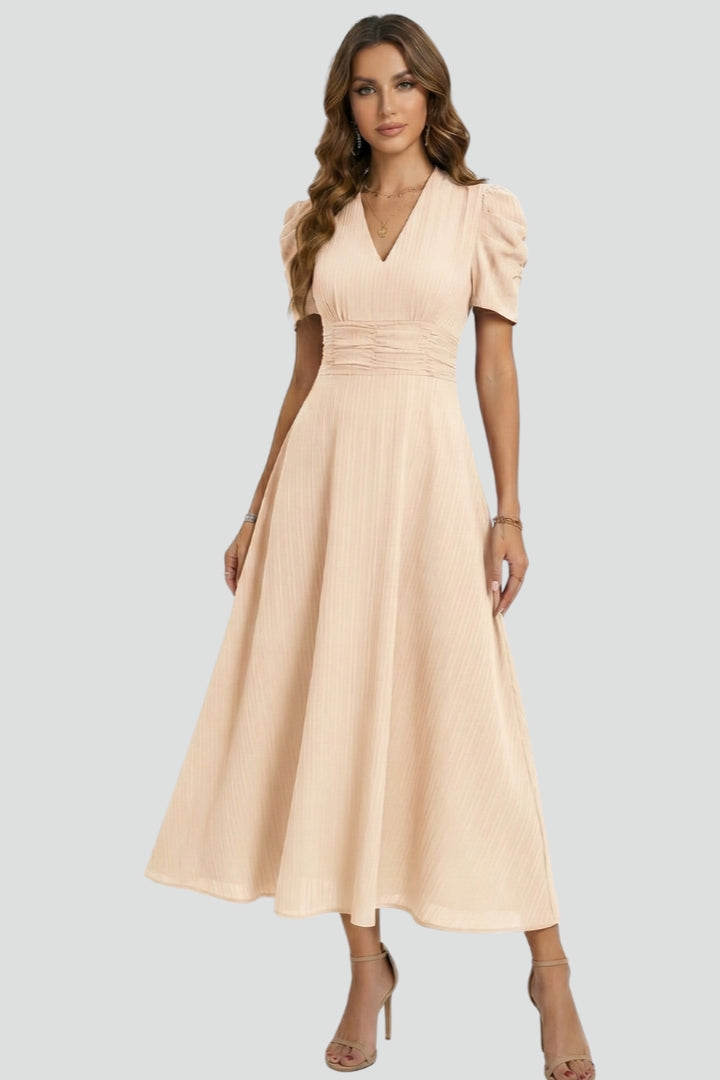 Evelisse | Women’s Elegant Midi Dress – Short Sleeve Ruched Waist Flowy Dress