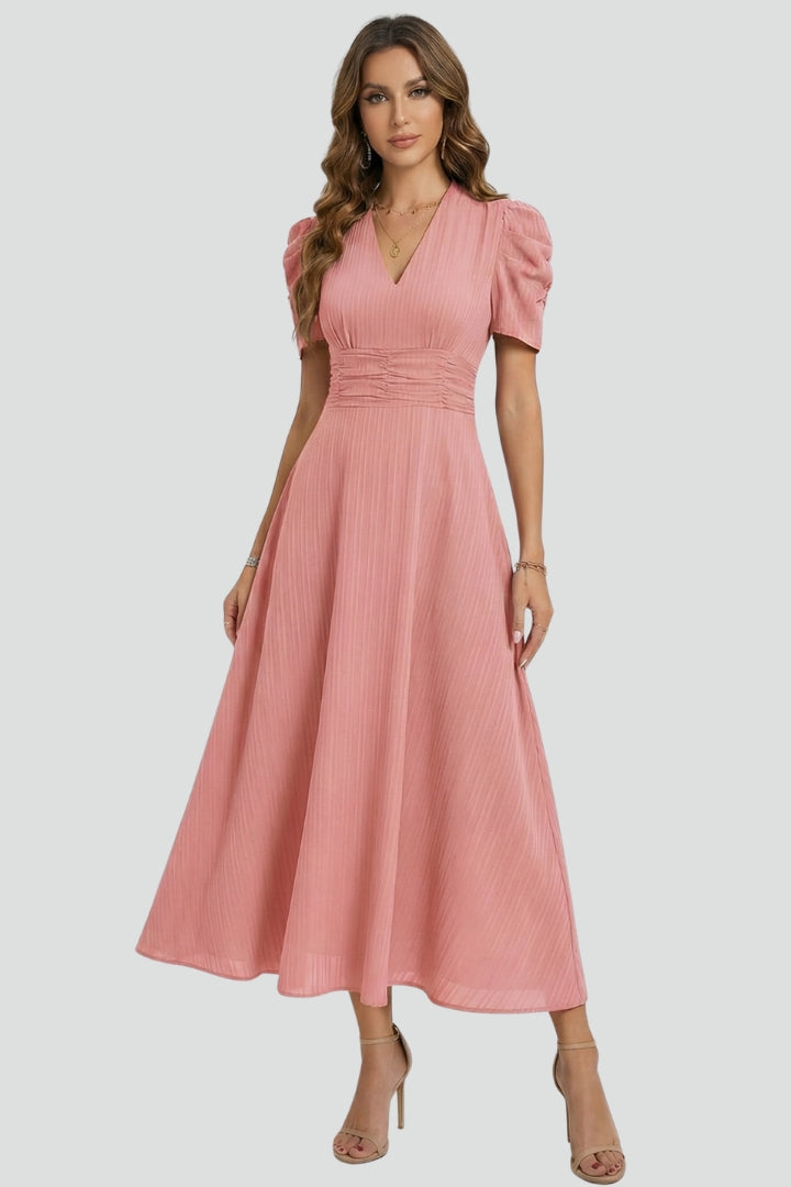Evelisse | Women’s Elegant Midi Dress – Short Sleeve Ruched Waist Flowy Dress