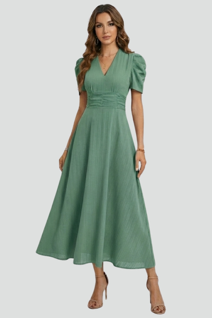 Evelisse | Women’s Elegant Midi Dress – Short Sleeve Ruched Waist Flowy Dress