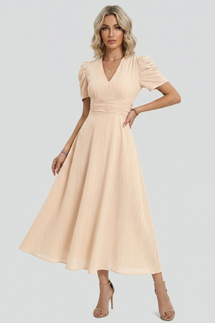 Evelisse | Women’s Elegant Midi Dress – Short Sleeve Ruched Waist Flowy Dress