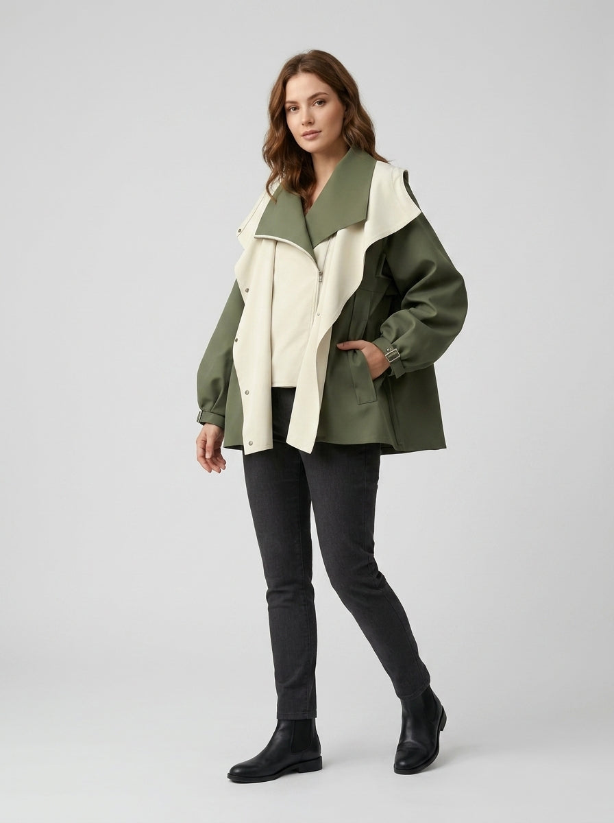 Evelith | Women’s Jacket with Layered Wide Collar, Front Buttons, Long Sleeves & Side Pockets