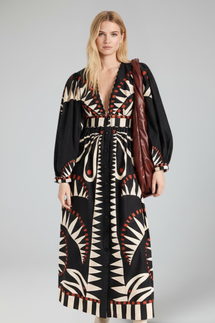 Everly | Women’s Maxi Dress - V-Neck, Long Sleeve Printed Flowy A-Line Maxi Dress
