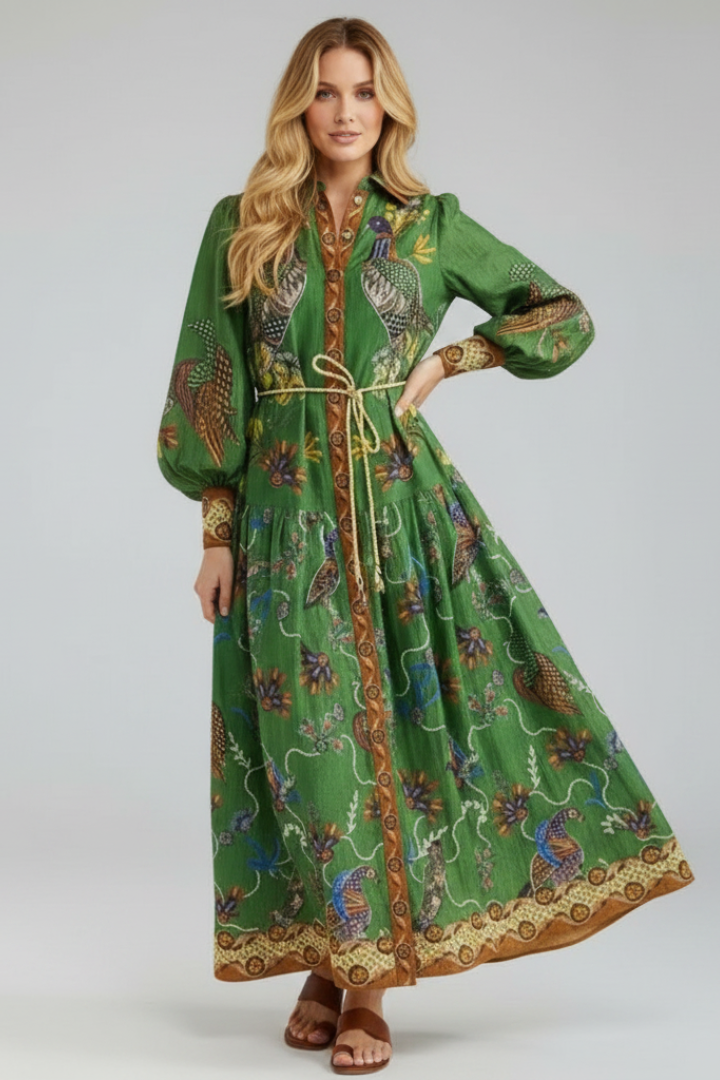 Everly | Women’s Maxi Dress - V-Neck, Long Sleeve Printed Flowy A-Line Maxi Dress