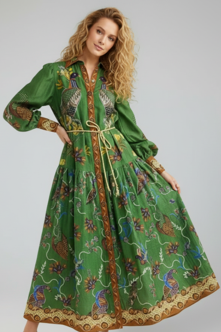 Everly | Women’s Maxi Dress - V-Neck, Long Sleeve Printed Flowy A-Line Maxi Dress