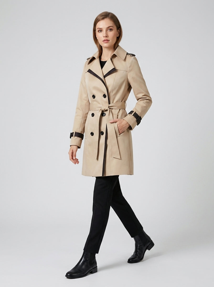 Fable | Women’s Double-Breasted Trench Coat with Belt, Lapel Collar