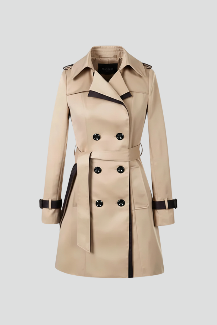 Fable | Women’s Double-Breasted Trench Coat with Belt, Lapel Collar