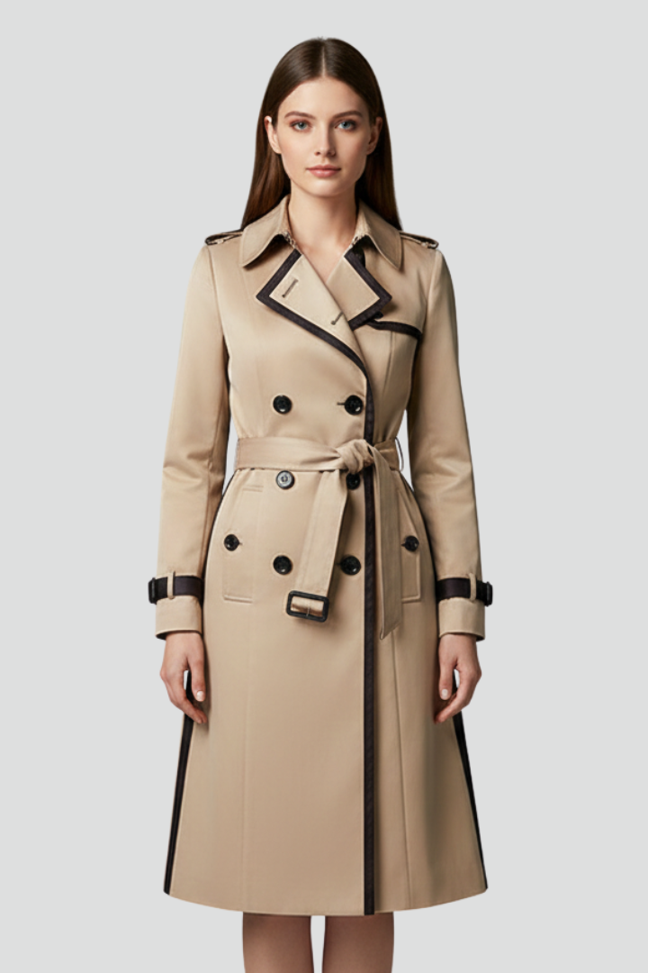 Fable | Women’s Double-Breasted Trench Coat with Belt, Lapel Collar