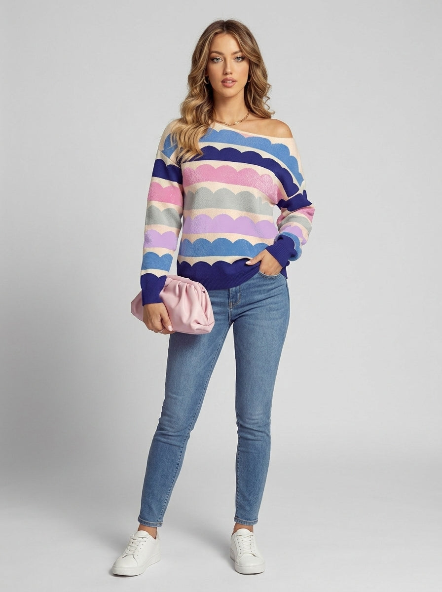 Faelora | Women's Navy Wave-Pattern Knit Sweater – Balloon Sleeves, Round Neck, Drop Shoulder