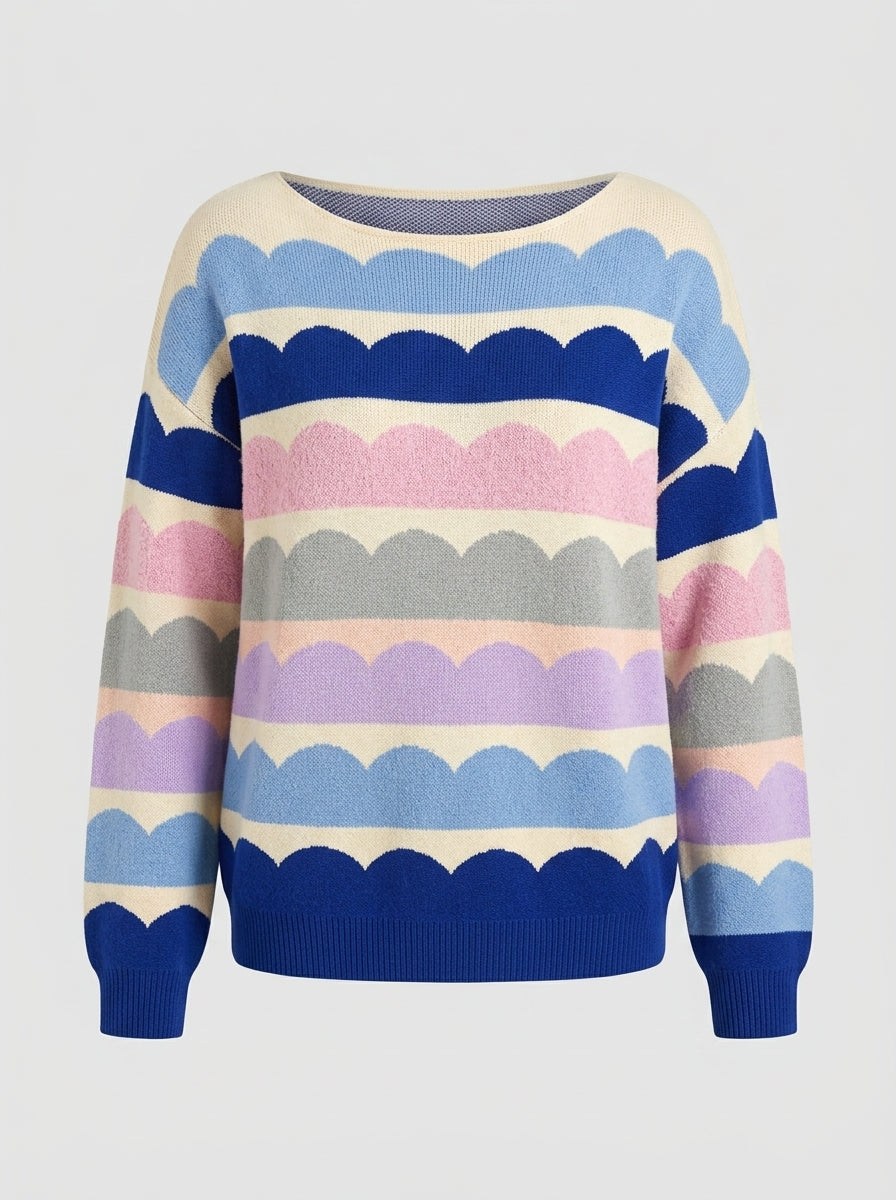 Faelora | Women's Navy Wave-Pattern Knit Sweater – Balloon Sleeves, Round Neck, Drop Shoulder