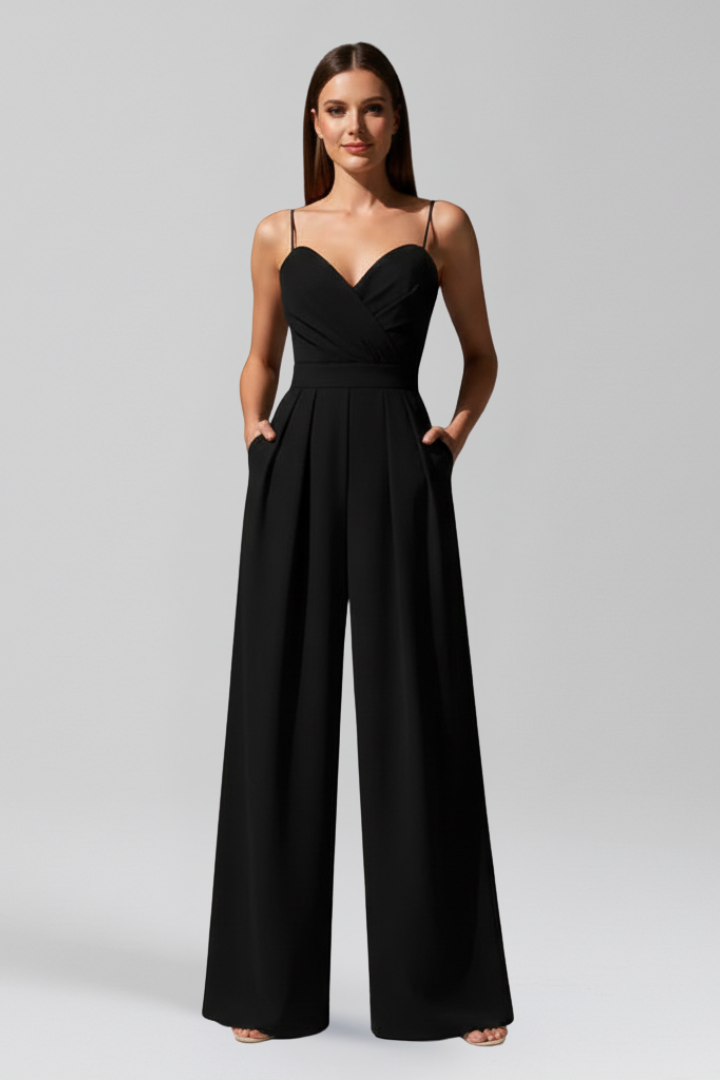 Farrah | Women's Sleeveless V-Neck Wide Leg Jumpsuit – Full Length Casual Elegant One-Piece Romper