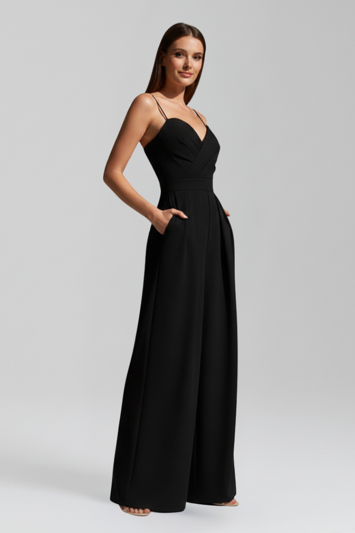 Farrah | Women's Sleeveless V-Neck Wide Leg Jumpsuit – Full Length Casual Elegant One-Piece Romper