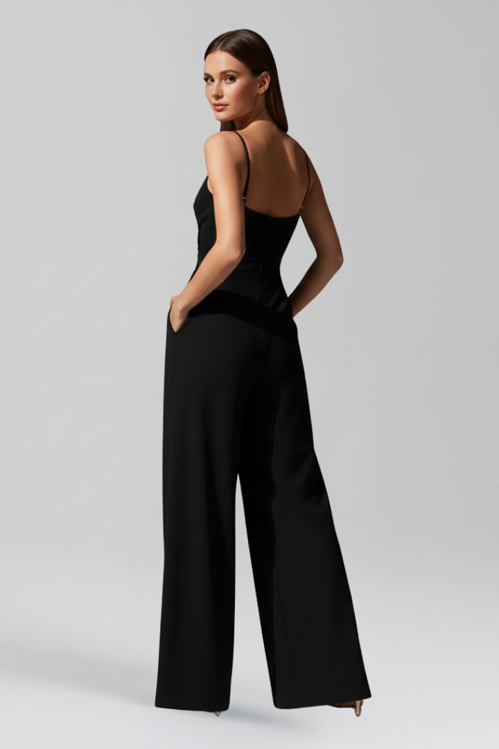 Farrah | Women's Sleeveless V-Neck Wide Leg Jumpsuit – Full Length Casual Elegant One-Piece Romper
