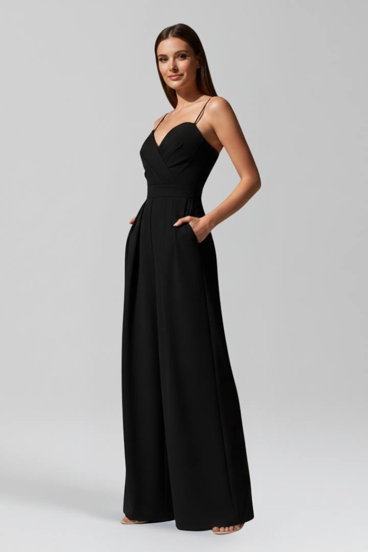 Farrah | Women's Sleeveless V-Neck Wide Leg Jumpsuit – Full Length Casual Elegant One-Piece Romper