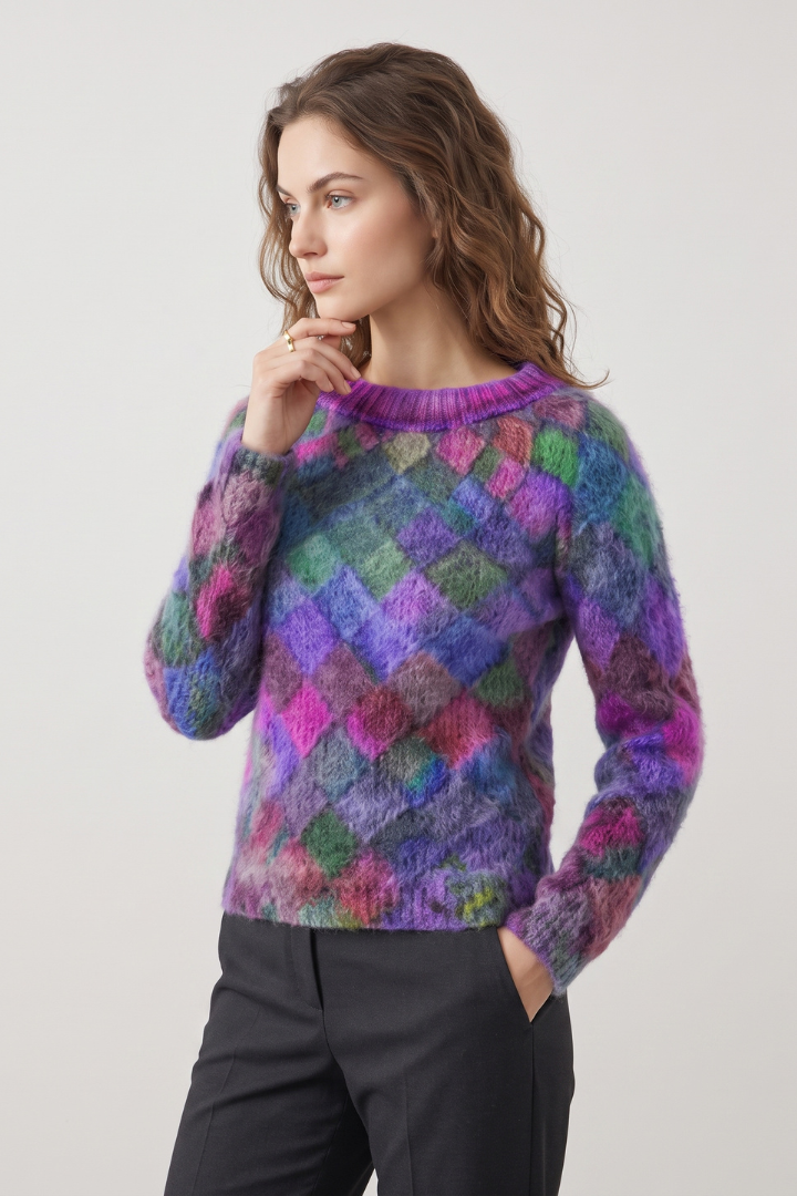 Fawn | Women's Crew Neck Long Sleeve Sweater – Textured Diamond Knit Pullover