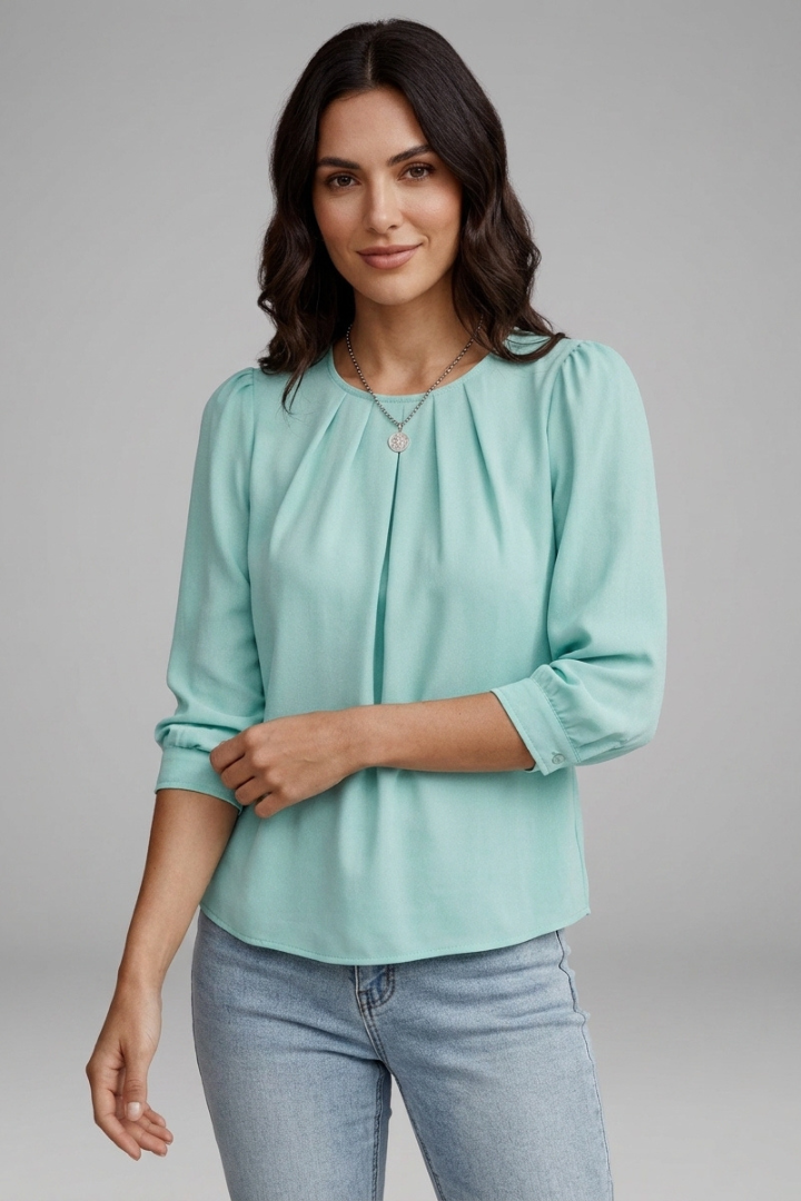 Faye | Women's Round Neck Blouse – Pleated Front Long Puff Sleeve Shirt