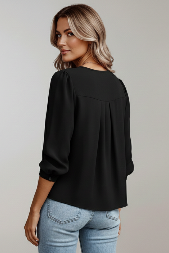 Faye | Women's Round Neck Blouse – Pleated Front Long Puff Sleeve Shirt