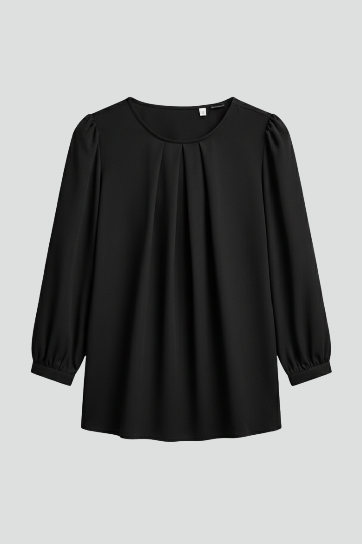 Faye | Women's Round Neck Blouse – Pleated Front Long Puff Sleeve Shirt