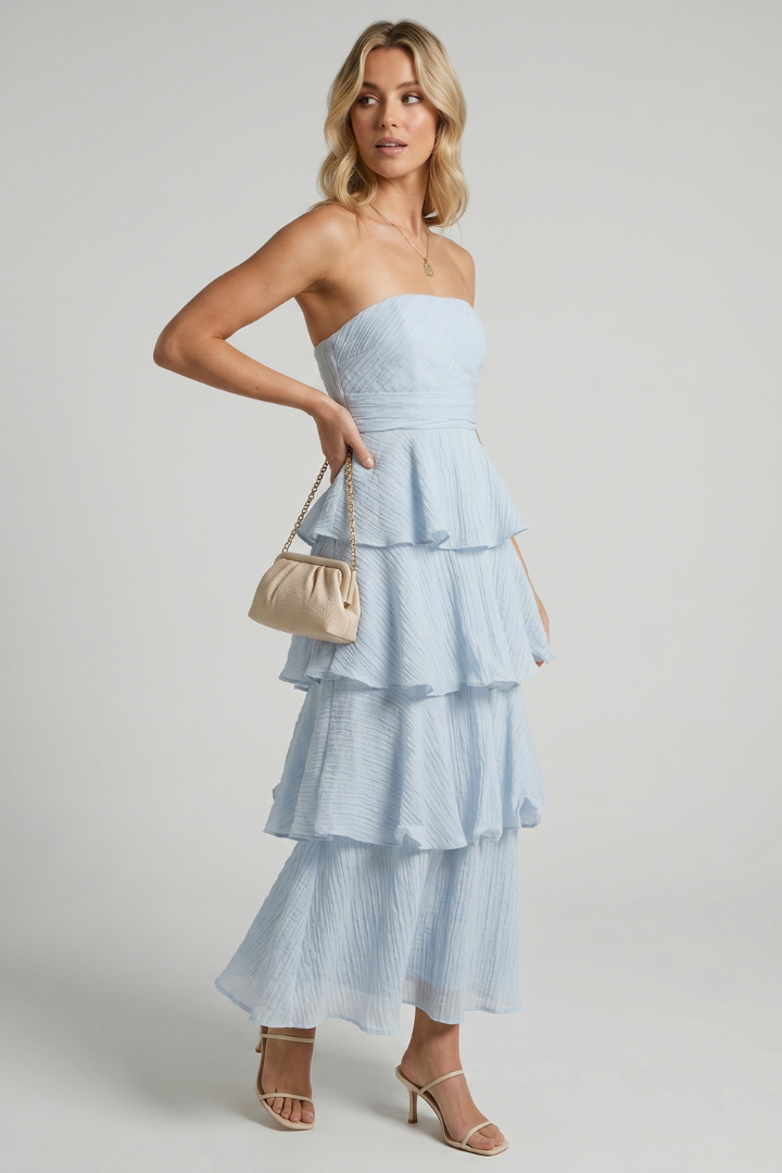 Fioralyn | Women’s Strapless Maxi Dress Ruffle Tiered Layered Long Hem