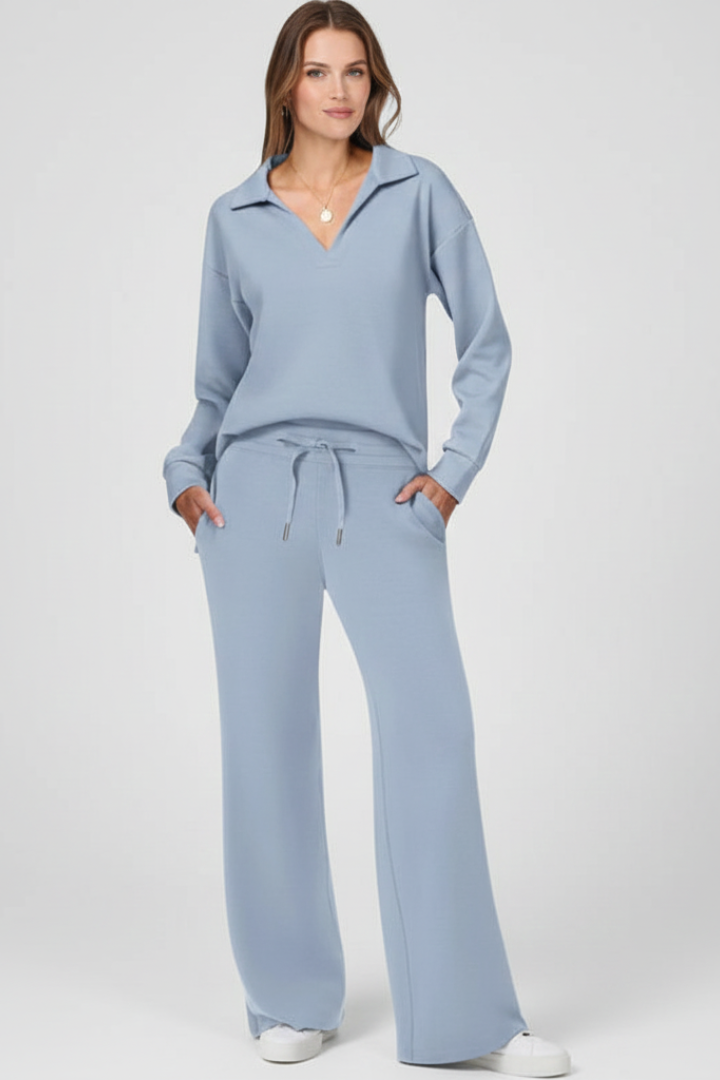 Fleur | Women's Casual Two-Piece Set – V-Neck Top with Drawstring Pants
