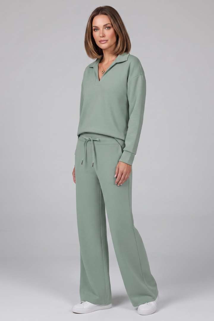 Fleur | Women's Casual Two-Piece Set – V-Neck Top with Drawstring Pants