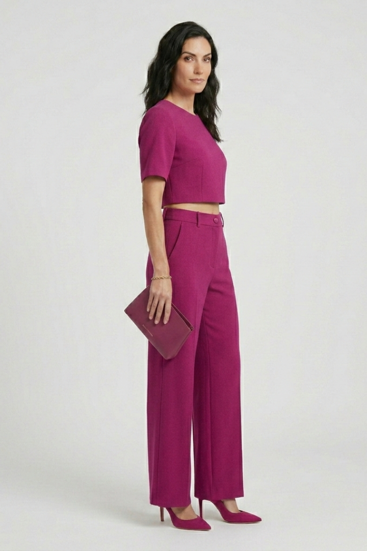 Floris | Women's Lounge Set – Short Sleeve Round Neck Top with Wide Leg Pants
