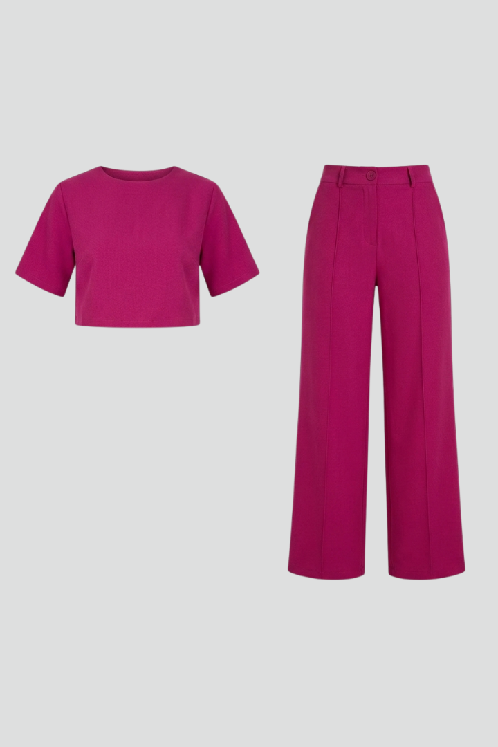 Floris | Women's Lounge Set – Short Sleeve Round Neck Top with Wide Leg Pants