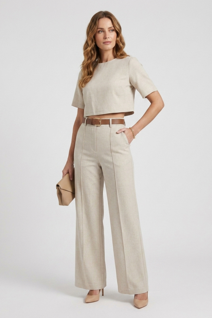 Floris | Women's Lounge Set – Short Sleeve Round Neck Top with Wide Leg Pants