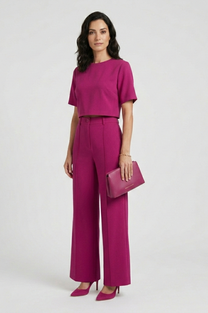 Floris | Women's Lounge Set – Short Sleeve Round Neck Top with Wide Leg Pants