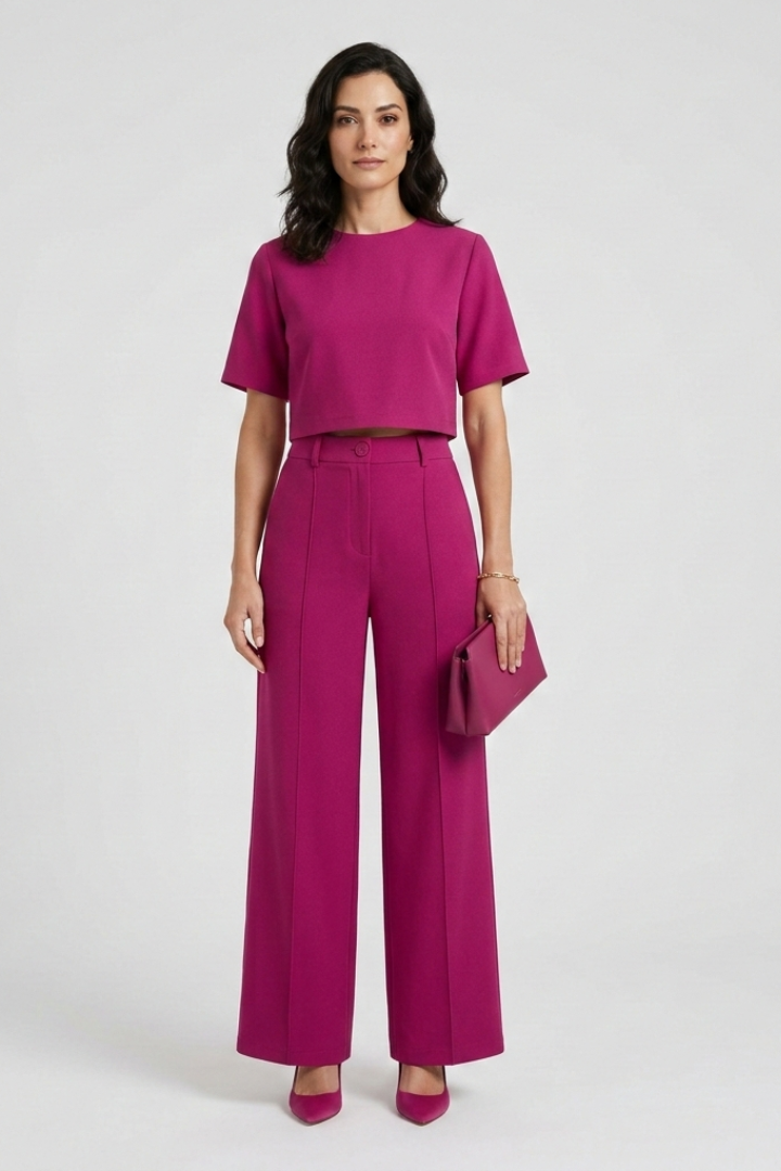 Floris | Women's Lounge Set – Short Sleeve Round Neck Top with Wide Leg Pants