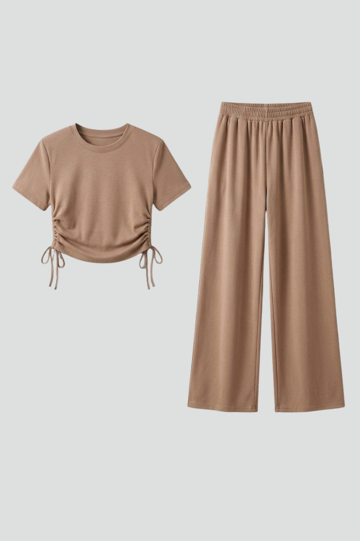 Floris | Women's Lounge Set – Short Sleeve Round Neck Top with Wide Leg Pants