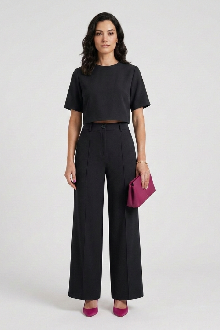 Floris | Women's Lounge Set – Short Sleeve Round Neck Top with Wide Leg Pants