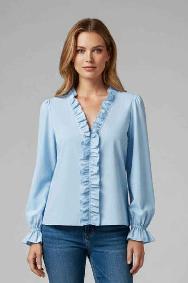 Freya | Women's V-Neck Ruffle Blouse – Elegant Long Sleeve Casual Office Shirt