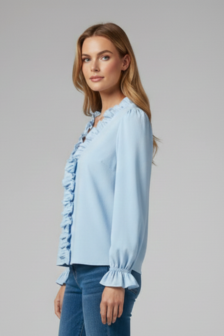 Freya | Women's V-Neck Ruffle Blouse – Elegant Long Sleeve Casual Office Shirt