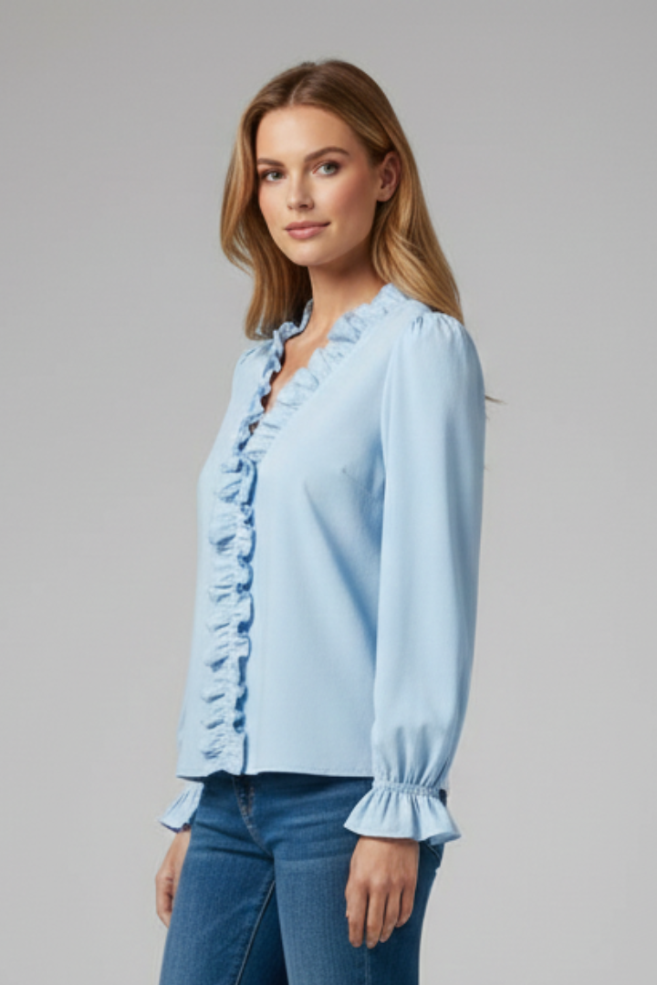 Freya | Women's V-Neck Ruffle Blouse – Elegant Long Sleeve Casual Office Shirt