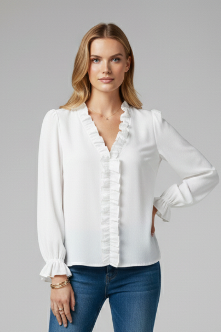 Freya | Women's V-Neck Ruffle Blouse – Elegant Long Sleeve Casual Office Shirt