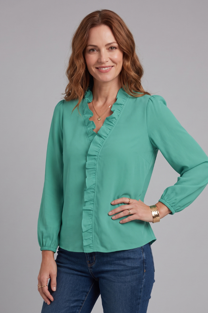 Freya | Women's V-Neck Ruffle Blouse – Elegant Long Sleeve Casual Office Shirt