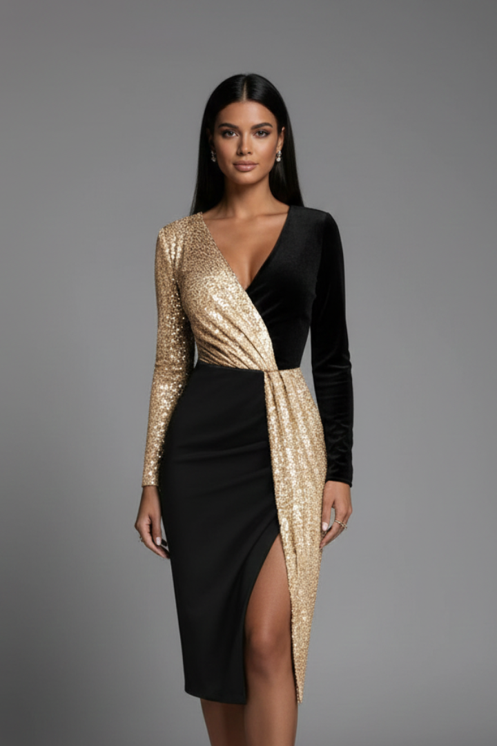 Galilea | Women's Casual Elegant Dress – V-Neck Long Sleeve Knee-Length Dress